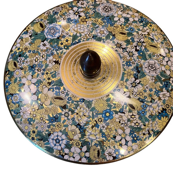 Aqua & Yellow Covered Tin Bowl w/ Handled Lid DESIGNED BY DANER COLORFUL FLORAL - Picture 4 of 6